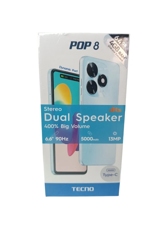 Brand New Tecno POP 8 (BG6) – 6.6" HD+ Display, 2GB RAM, 64GB ROM, 5000mAh Battery