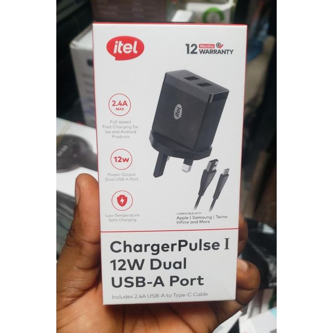 Brand New itel 12w 2.4A Dual USB Fast Charger With Type-C Cable
